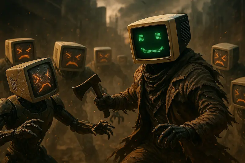 A robot with a CRT head and green pixelated smile fending off a horde of broken-screen zombie robots in a burning, post-apocalyptic city street, holding an axe mid-combat.