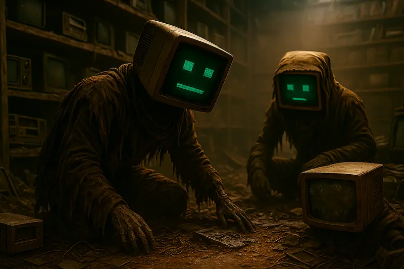 Two robots with CRT monitor heads wearing tattered post-apocalyptic clothing scavenging through the remnants of an old electronics store, dimly lit with dusty shelves and broken technology.