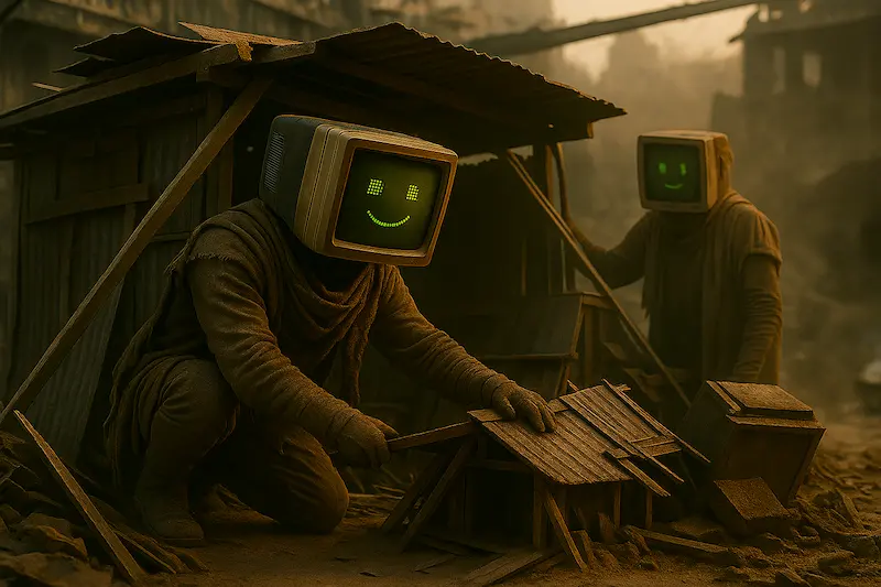 Two CRT-headed robots building a shelter from scrap wood and metal in a dusty, post-apocalyptic environment, displaying green pixel faces and dressed in makeshift survival clothing.